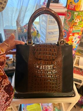 Brahmin Brown Croc-Embossed & Black Panel Satchel